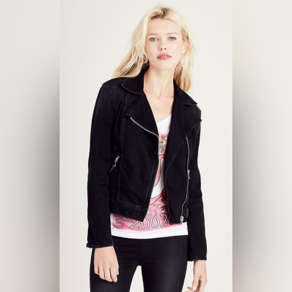 True Religion Black Denim Moto Jacket Fitted Cropped Design XS